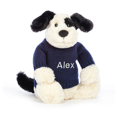 Bashful Rufferty Black & Cream Puppy with Personalised Navy Jumper