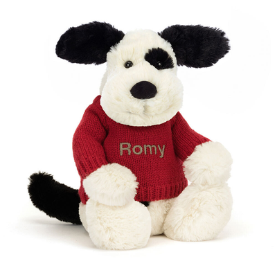 Bashful Rufferty Black & Cream Puppy with Personalised Red Jumper