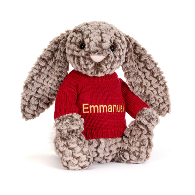 Bashful Luxe Bunny Pine with Personalised Red Jumper